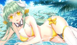 Rule 34 | 1girl, aqua hair, bad id, bad pixiv id, bare shoulders, bikini, blush, bow, breasts, cleavage, commentary request, fate/grand order, fate (series), hair between eyes, hair bow, horns, in water, kiyohime (fate), kiyohime (fate/grand order), kiyohime (swimsuit lancer) (fate), kiyohime (swimsuit lancer) (first ascension) (fate), large breasts, long hair, looking at viewer, lying, morizono shiki, navel, on side, open mouth, smile, solo, swimsuit, thighhighs, very long hair, white thighhighs, yellow bikini, yellow eyes