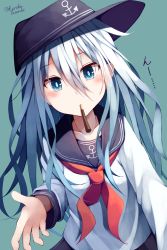 Rule 34 | 1girl, anchor symbol, black hat, black sailor collar, black skirt, blue eyes, blush, collarbone, commentary request, flat cap, food, food in mouth, green background, hair between eyes, hat, hibiki (kancolle), highres, kantai collection, long hair, long sleeves, looking at viewer, mouth hold, neckerchief, pleated skirt, pocky, red neckerchief, sailor collar, school uniform, serafuku, shirt, silver hair, simple background, skirt, solo, tateishi kureha, translation request, twitter username, very long hair, white shirt