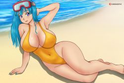 Rule 34 | 1girl, alternate breast size, arm support, arms up, bare legs, bare shoulders, barefoot, beach, blue eyes, blue hair, bouncing breasts, breasts, cleavage, covered navel, curvy, diving mask, diving mask on head, dragon ball, dragonball z, goggles, goggles on head, gummslime, highleg, highleg swimsuit, highres, lips, long hair, looking at viewer, lying, maron (dragon ball), one-piece swimsuit, shiny skin, smile, swimsuit, water, wide hips, yellow one-piece swimsuit