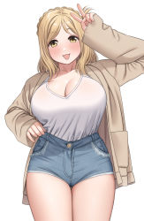 Rule 34 | 1girl, :3, :d, absurdres, arm up, blonde hair, blue shorts, blush, braid, breasts, brown jacket, buttons, cleavage, collarbone, commentary, cowboy shot, crown braid, denim, denim shorts, fingernails, hand up, high-waist shorts, highres, jacket, large breasts, long sleeves, looking at viewer, love live!, love live! sunshine!!, medium hair, ohara mari, open clothes, open jacket, open mouth, pocket, see-through, shirt, shirt tucked in, short shorts, shorts, simple background, single braid, sleeves past wrists, smile, solo, standing, swept bangs, thigh gap, v, white background, white shirt, yellow eyes, yonsi