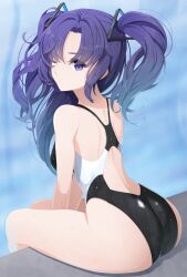 Rule 34 | 1girl, absurdres, ass, black one-piece swimsuit, blue archive, blue hair, competition swimsuit, feet out of frame, highleg, highleg one-piece swimsuit, highres, koflif, long hair, no halo, one-piece swimsuit, soaking feet, solo, swimsuit, twintails, two-tone swimsuit, yuuka (blue archive)