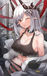Rule 34 | 1girl, ;o, arknights, bare shoulders, black gloves, breasts, collar, collarbone, covered erect nipples, earrings, gloves, groin, hammer, highres, horns, infection monitor (arknights), jewelry, large breasts, long hair, long sleeves, looking at viewer, material growth, mudrock (arknights), navel, no panties, one eye closed, open clothes, open mouth, oripathy lesion (arknights), red eyes, rock, signature, silver hair, solo, sports bra, steaming body, sweat, undressing, very long hair, wet, z.m. (zimin)
