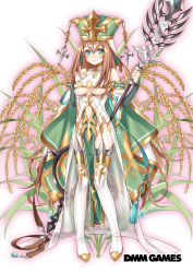 Rule 34 | 1girl, arm warmers, blue eyes, boots, breasts, brown hair, cape, closed mouth, flower knight girl, full body, green eyes, green hat, hat, hattori masaki, highres, holding, holding staff, long hair, looking at viewer, medium breasts, multicolored eyes, name connection, object namesake, official art, simple background, smile, solo, staff, standing, symbol-shaped pupils, thigh boots, thighhighs, touka (flower knight girl), underboob, white background, white footwear