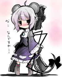 Rule 34 | 1girl, animal ears, blush, chibi, female focus, full body, goth fashion, gradient background, mouse ears, mouse tail, nazrin, red eyes, ribbon, shichinose, solo, tail, touhou