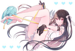 Rule 34 | 1girl, ass, bare legs, bare shoulders, barefoot, black gloves, black hair, blush, commentary request, dress, feet, floating, full body, gloves, hair between eyes, hair ribbon, heart, highres, humuyun, legs up, long hair, looking at viewer, original, parted lips, red eyes, ribbon, short dress, simple background, sleeveless, sleeveless dress, solo, stuffed animal, stuffed toy, thighs, two side up, white background, white dress, white ribbon