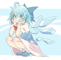 Rule 34 | 1girl, absurdres, ahoge, banana takemura, blouse, blue background, blue dress, blue eyes, blue footwear, blue hair, blue ribbon, blush, bow, cirno, closed mouth, commentary, dress, full body, hair bow, hands on own cheeks, hands on own face, highres, ice, ice wings, looking at viewer, pinafore dress, puffy short sleeves, puffy sleeves, red bow, ribbon, shirt, short hair, short sleeves, simple background, sleeveless dress, smile, socks, solo, squatting, touhou, two-tone background, white shirt, white socks, wings