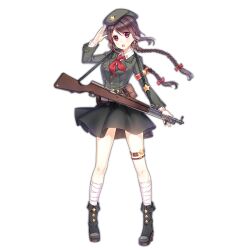 Rule 34 | 1girl, armband, beret, black footwear, black skirt, boots, braid, breasts, brown hair, carbine, colored shoe soles, footwear ornament, full body, girls&#039; frontline, green hat, green jacket, gun, hat, hat ornament, holding, holding weapon, jacket, kan (rainconan), large breasts, leg wrap, long hair, long sleeves, looking at viewer, military, military uniform, neckerchief, official art, open mouth, purple eyes, red armband, red neckerchief, rifle, salute, shirt, simple background, skirt, sks, solo, standing, star (symbol), star hat ornament, thigh strap, transparent background, twin braids, type 56 carbine (girls&#039; frontline), uniform, weapon, white shirt