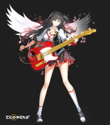 Rule 34 | 1girl, bass guitar, black hair, blue eyes, breasts, closers, full body, guitar, highres, instrument, musical note, official art, one eye closed, skirt, smile, solo, wings, yuri seo