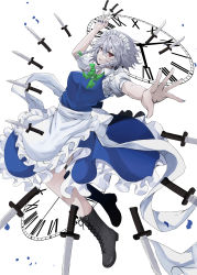 Rule 34 | 1girl, absurdres, apron, arm up, between fingers, black footwear, blue dress, blue nails, bobby socks, boots, bow, braid, breasts, buttons, clock, clock hands, commentary request, cross-laced footwear, dress, expressionless, frilled apron, frills, full body, green bow, green ribbon, hair bow, hair ribbon, highres, holding, holding knife, holding weapon, izayoi sakuya, knife, knives between fingers, kuro wa shinoru, lace-up boots, looking at viewer, maid, maid apron, maid headdress, mary janes, nail polish, neck ribbon, outstretched arm, parted lips, petals, petticoat, puffy short sleeves, puffy sleeves, red eyes, red footwear, ribbon, rose petals, shirt, shoes, short hair, short sleeves, silver hair, simple background, small breasts, socks, solo, touhou, tress ribbon, twin braids, waist apron, weapon, white apron, white background, white shirt, white socks