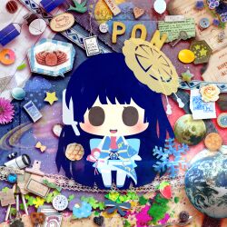 Rule 34 | 1girl, bird, blue eyes, blue flower, book, bow, buttons, cookie, crab, cup, earth (planet), flower, food, fruit, hair ornament, heart, key, lemon, lock, long hair, looking at viewer, macaron, mixed media, moon, necktie, open mouth, padlock, pink flower, planet, pretzel, red necktie, rhinestone, satellite, saturn (planet), smile, snowflakes, solid eyes, solid oval eyes, solo, speech bubble, star (symbol), strawberry, teacup, telescope, virtual youtuber, warimaru, watch, weathernews, weatheroid