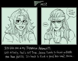 Rule 34 | absurdres, bandana, bb (baalbuddy), blush, breasts, codec call, english text, genderswap, genderswap (mtf), glasses, greyscale, hal emmerich, highres, metal gear (series), metal gear solid, monochrome, shaded face, solid snake, thought bubble