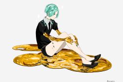 Rule 34 | 1other, androgynous, aqua eyes, aqua hair, belt, black footwear, black necktie, blue eyes, blue hair, closed mouth, collar, collared shirt, colored eyelashes, commentary request, crystal hair, damaged, eyes visible through hair, full body, gem, gem uniform (houseki no kuni), gold, golden arms, grey belt, hands on own knees, highres, holding, houseki no kuni, liquid, looking to the side, namero15, necktie, neckwear request, other focus, parted bangs, phosphophyllite, puffy short sleeves, puffy sleeves, shirt, shoes, short hair, short sleeves, shorts, simple background, sitting, solo, sparkle, spoilers, white shirt
