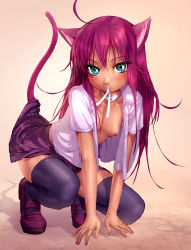 Rule 34 | 1girl, ahoge, animal ears, blue eyes, blush, breasts, cat ears, cat girl, cat tail, clothes lift, collarbone, female focus, gradient background, green eyes, hair between eyes, long hair, looking at viewer, mouth hold, mx2j, nipples, open clothes, open shirt, purple hair, ribbon, ribbon in mouth, shirt, shoes, skirt, skirt lift, small breasts, solo, squatting, tail, thighhighs