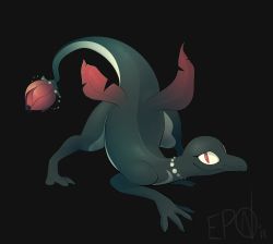 Rule 34 | absurdres, alternate element, animal focus, artist name, b-epon, black background, closed mouth, creatures (company), dated, full body, game freak, gen 7 pokemon, half-closed eyes, highres, looking at viewer, nintendo, no humans, pokemon, pokemon (creature), red eyes, salazzle, signature, simple background, smile, solo, top-down bottom-up
