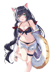 Rule 34 | 1girl, animal ear fluff, animal ears, bare legs, bare shoulders, bikini, black bikini, black hair, black ribbon, blush, bow, breasts, cat ears, cat girl, cat tail, cleavage, clothes pull, collarbone, duan zou de zhong zhang, front-tie bikini top, front-tie top, gluteal fold, green eyes, hair between eyes, hair bow, highres, innertube, jacket, karyl (princess connect!), karyl (summer) (princess connect!), leg up, long hair, long sleeves, looking at viewer, low twintails, medium breasts, multicolored hair, off shoulder, open clothes, open jacket, open mouth, princess connect!, purple jacket, red bow, ribbon, sandals, short shorts, shorts, shorts pull, simple background, solo, standing, standing on one leg, streaked hair, swim ring, swimsuit, tail, thigh gap, thigh strap, twintails, two-tone hair, very long hair, white background, white footwear, white hair, white shorts