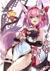 Rule 34 | 1girl, animal ears, azur lane, bad id, bad pixiv id, bare shoulders, blush, box, breasts, china dress, chinese clothes, chinese new year, cleavage, commentary request, double bun, dress, flower, fox ears, fox girl, fox tail, gift, green eyes, hair between eyes, hair bun, hair flower, hair ornament, hair up, hanazuki (azur lane), heart-shaped box, holding, holding gift, looking at viewer, manjuu (azur lane), medium breasts, no panties, open mouth, pelvic curtain, pink hair, round window, shirokitsune, sidelocks, single thighhigh, skindentation, tail, thigh strap, thighhighs, thighs, valentine, window