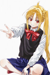 Rule 34 | 1girl, ahoge, black sweater vest, blonde hair, blue skirt, blush, bocchi the rock!, bow, bowtie, grey background, highres, ijichi nijika, indian style, long hair, long sleeves, looking at viewer, one side up, parted lips, pleated skirt, red bow, red bowtie, red eyes, school uniform, shimokitazawa high school uniform, shirt, simple background, sitting, skirt, solo, sweater vest, taroekaki, v, white shirt