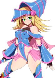 Rule 34 | 1girl, bare shoulders, blonde hair, blue legwear, blue leotard, blush stickers, breasts, c-low, covered erect nipples, covered navel, dark magician girl, duel monster, fingerless gloves, fishnets, gloves, green eyes, hat, highleg, highleg leotard, hip vent, impossible clothes, leotard, medium breasts, shiny clothes, shiny skin, simple background, skin tight, skirt, solo, taimanin (series), taimanin suit, white background, wizard hat, yu-gi-oh!, yu-gi-oh! duel monsters