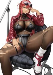 Rule 34 | 1girl, absurdres, belt, bikini, bikini over clothes, black belt, black bikini, bodystocking, breasts, cleavage, covered navel, elbow rest, eyewear on head, gluteal fold, goddess of victory: nikke, hair between eyes, head rest, highres, jacket, knee up, large breasts, leather chair, long hair, long sleeves, looking at viewer, multiple thigh straps, nail polish, on chair, open clothes, open jacket, parted lips, pink nails, red hair, red jacket, see-through, see-through cleavage, sitting, socks, solo, spread legs, sunglasses, swimsuit, thigh belt, thigh strap, thighs, torn bodystocking, torn clothes, volume (nikke), white background, white socks, yellow eyes, yoshio (55level)