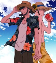 Rule 34 | 2boys, alternate costume, arsene lupin iii, black hair, cloud, cloudy sky, coca-cola, day, drinking, facial hair, goatee, hair over one eye, hat, holding hands, jigen daisuke, lupin iii, male focus, multiple boys, mzochi, one eye covered, open clothes, open shirt, outdoors, shirt, short hair, sideburns, sky, straw hat, sweatdrop, topless male, white shirt