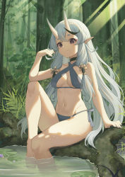 Rule 34 | 1girl, bare arms, bare shoulders, barefoot, baseness, bikini, black eyes, breasts, choker, collarbone, criss-cross halter, fang, fang out, forest, grey bikini, hair ornament, halterneck, hand up, highres, horns, knee up, light rays, lily pad, long hair, looking at viewer, medium breasts, mole, mole under mouth, multicolored hair, nature, navel, nijisanji, plant, pointy ears, rindou mikoto, side-tie bikini bottom, silver hair, sitting, skin-covered horns, solo, stomach, streaked hair, sunbeam, sunlight, swimsuit, thighs, very long hair, virtual youtuber, water, wet