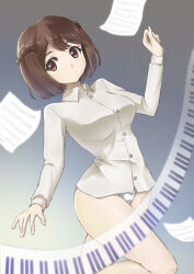 1girl absurdres blush braid breasts brown_eyes brown_hair closed_mouth highres large_breasts looking_at_viewer luminous_witches memory_(prophet5) panties piano_keys sheet_music shibuya_inori shirt short_hair simple_background smile solo underwear white_panties white_shirt world_witches_series