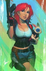 Rule 34 | 1girl, absurdres, animal, black gloves, blue eyes, breasts, chuck pires, cleavage, commentary, commission, cowboy shot, dark skin, denim, denim shorts, english commentary, fingerless gloves, gloves, gun, handgun, highres, holding, holding animal, holster, holstered, lips, long hair, looking at viewer, machine pistol, medium breasts, nose, original, pinup (style), pistol, rabbit, red hair, shirt, shorts, solo focus, tactical clothes, taut clothes, taut shirt, trigger discipline, weapon
