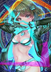Rule 34 | 1girl, abstract background, aqua belt, asymmetrical legwear, bikini, bikini top only, bikini under clothes, blue eyes, blush, breasts, cleavage, collarbone, constellation, cowboy shot, dance on the galaxy (idolmaster), dog tags, green eyes, green hair, hair ornament, hands up, heterochromia, highres, idolmaster, idolmaster cinderella girls, idolmaster cinderella girls starlight stage, jacket, jewelry, long sleeves, looking at viewer, mamoru (mamoru jinja), medium breasts, midriff, mole, mole under eye, multicolored clothes, multicolored jacket, navel, necklace, open clothes, open jacket, parted lips, short hair, short shorts, shorts, single bare leg, single leg pantyhose, smile, solo, standing, swimsuit, takagaki kaede, two-sided fabric, two-sided jacket, two-tone bikini, two-tone gloves, two-tone jacket, v, w, white shorts, zipper, zipper pull tab