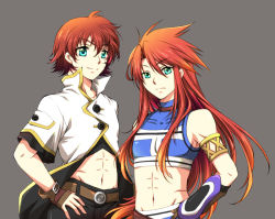 Rule 34 | 2boys, bad id, bad pixiv id, belt, cosplay, costume switch, crop top, fingerless gloves, gloves, green eyes, grey background, long hair, luke fon fabre, luke fon fabre (cosplay), male focus, midriff, multiple boys, red hair, reid hershel, reid hershel (cosplay), smile, tales of (series), tales of eternia, tales of the abyss, tsubasam