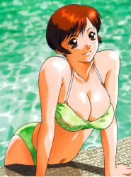 Rule 34 | 1990s (style), 1girl, arm support, bikini, breasts, brown eyes, brown hair, cleavage, green bikini, highres, large breasts, light smile, looking at viewer, navel, outdoors, pool, retro artstyle, short hair, smile, solo, submerged, super real mahjong, swimsuit, tanaka ryou, toyohara etsuko, water