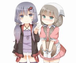 Rule 34 | 2girls, apron, blend s, blush, brown hair, closed mouth, cosplay, dress, frown, gloves, hair ornament, head scarf, headset, holding, holding tray, jacket, kantai collection, long hair, long sleeves, low twintails, mikura (kancolle), multiple girls, pink shirt, pink skirt, purple dress, purple hair, sakuranomiya maika, sakuranomiya maika (cosplay), shirt, short sleeves, skirt, smile, soba (sobaya1938), stile uniform, strapless, strapless dress, thighhighs, tray, tsushima (kancolle), tube dress, twintails, v, vocaloid, voiceroid, waist apron, waitress, white apron, white gloves, yuzuki yukari, yuzuki yukari (cosplay)
