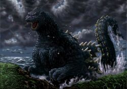 Rule 34 | bird, claws, dinosaur, flying, giant, giant monster, godzilla, godzilla (series), godzilla vs. king ghidorah, highres, kaiju, monster, night, no humans, ocean, open mouth, orange eyes, overcast, roaring, sea monster, sharp teeth, sky, spikes, splashing, storm, tail, teeth, toho, tongue, ultra-taf, water, waves