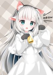 Rule 34 | .live, 1girl, absurdres, animal ears, blue eyes, cat ears, commentary request, cure nashi, dress, english text, fake animal ears, gloves, headband, highres, looking at viewer, merry milk, pale skin, paw pose, sheep ears, silver hair, simple background, solo, virtual youtuber