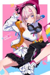 Rule 34 | 1girl, :3, ahoge, aogiri koukou, arm up, armpits, bare shoulders, black jacket, breasts, closed mouth, crop top, frilled skirt, frills, fukai ryosuke, goggles, goggles around neck, hair bun, highres, holding, jacket, long sleeves, looking at viewer, medium breasts, midriff, multicolored clothes, multicolored hair, multicolored jacket, navel, off shoulder, ooshiro mashiro, open clothes, open jacket, pink hair, pink headwear, pink socks, purple eyes, scissors, shirt, shoes, skirt, sleeveless, sleeveless shirt, sleeveless turtleneck, smile, sneakers, socks, solo, stomach, streaked hair, turtleneck, two-tone jacket, virtual youtuber, white footwear, white jacket, white shirt, white skirt