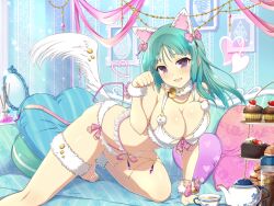Rule 34 | 1girl, animal ears, barefoot, bashou (senran kagura), bell, blush, bow, breasts, cake, cake slice, chain, chocolate, chocolate cake, cleavage, cookie, couch, cup, cupcake, curtains, cushion, dessert, drawing (object), fake animal ears, floral print, food, fruit, gem, gold chain, green hair, hair bow, hair ornament, heart, heart-shaped pillow, icing, indoors, jingle bell, large breasts, lingerie, long hair, looking at viewer, macaron, macaron-shaped pillow, mirror, muffin, neck bell, official art, on couch, open mouth, paw pose, picture frame, pillow, pink bow, plate, purple eyes, purple gemstone, senran kagura, senran kagura new link, senran kagura new wave, smile, solo, strawberry, sweets, tea, teacup, teapot, thigh strap, tiered tray, underwear, wallpaper (object), wrist cuffs, yaegashi nan