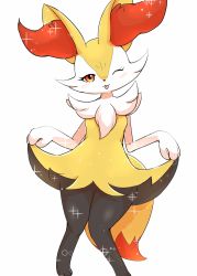 Rule 34 | 1girl, :3, animal ear fluff, animal ears, animal feet, animal hands, animal nose, black fur, body fur, braixen, breasts, closed mouth, creatures (company), curtsey, female focus, fox ears, fox girl, fox tail, furry, furry female, game freak, gen 6 pokemon, hands up, happy, head tilt, kajiura, knees together feet apart, looking at viewer, nintendo, one eye closed, pokemon, pokemon (creature), red eyes, small breasts, smile, solo, sparkle, standing, tail, tongue, tongue out, white fur, wink, yellow fur