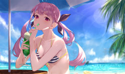 Rule 34 | 1girl, absurdres, ahoge, bare shoulders, beach, black ribbon, blunt bangs, blurry, blush, bokeh, bra, braid, breasts, champagne flute, cleavage, collarbone, colored inner hair, cup, depth of field, drill hair, drinking, drinking glass, drinking straw, hair ribbon, hands up, highres, hololive, huge filesize, lens flare, long hair, looking at viewer, medium breasts, minato aqua, minato aqua (hololive summer 2019), multicolored hair, nail polish, navel, ocean, outdoors, palm leaf, palm tree, pink eyes, pink hair, ribbon, sky, solo, striped bra, striped clothes, sunlight, table, takubon, tree, twintails, two-tone hair, umbrella, underwear, upper body, virtual youtuber, wooden table