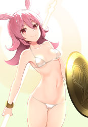 Rule 34 | 1girl, bell (oppore coppore), bikini, bracelet, breasts, bright pupils, fate/grand order, fate (series), head wings, highres, hildr (fate), holding, holding polearm, holding shield, holding spear, holding weapon, jewelry, long hair, navel, pink hair, polearm, red eyes, shield, small breasts, smile, solo, spear, standing, swimsuit, valkyrie (fate), weapon, white bikini, wings