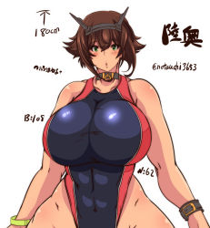 Rule 34 | 1girl, :o, abs, artist name, bare shoulders, breasts, brown hair, character name, collarbone, competition swimsuit, green eyes, headgear, height, highleg, highleg swimsuit, highres, huge breasts, kantai collection, mutsu (kancolle), notauchi mawaru ni-shiki, one-piece swimsuit, parted lips, shiny swimsuit, short hair, solo, swimsuit, three sizes, two-tone swimsuit, watch, white background, wristband, wristwatch