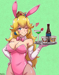 Rule 34 | 1girl, ;), akairiot, alcohol, animal ears, artist name, bare shoulders, blonde hair, blue eyes, bottle, bow, bowtie, breasts, cleavage, cocktail glass, cowboy shot, crown, cup, curly hair, detached collar, drink, drinking glass, earrings, elbow gloves, fake animal ears, fishnet pantyhose, fishnets, glass, gloves, green background, hand on own hip, heart, highres, jewelry, large breasts, leotard, lips, long hair, looking at viewer, mario (series), metroid, mushroom, nintendo, one eye closed, pantyhose, plate, playboy bunny, princess peach, rabbit ears, rabbit tail, smile, solo, super mario bros. 1, super smash bros., tail, tray, white gloves, wine glass, wink, wrist cuffs