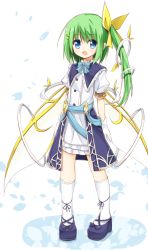Rule 34 | 1girl, alternate costume, blue eyes, bow, capelet, daiyousei, dress, fairy wings, gloves, green hair, hair bow, hair ornament, hairclip, open mouth, overskirt, puffy short sleeves, puffy sleeves, sash, short sleeves, side ponytail, simple background, smile, solo, touhou, white dress, white gloves, wings, yuuhagi (amaretto-no-natsu)