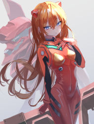 Rule 34 | 1girl, alternate hair length, alternate hairstyle, artist request, blue eyes, bodysuit, breasts, brown hair, cowboy shot, eva 02, hair between eyes, hand on own chest, highres, long hair, mecha, neon genesis evangelion, pilot suit, plugsuit, red bodysuit, robot, shiny clothes, simple background, skin tight, small breasts, solo, souryuu asuka langley, very long hair, wide hips