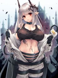 Rule 34 | 1girl, absurdres, arknights, armband, bare shoulders, black choker, black gloves, breasts, building, choker, cleavage, commentary, cowboy shot, crop top, gloves, head tilt, highres, horns, infection monitor (arknights), large breasts, long hair, looking at viewer, material growth, midriff, mudrock (arknights), mudrock (elite ii) (arknights), nameko houshi, navel, off shoulder, oripathy lesion (arknights), parted lips, pointy ears, red eyes, silver hair, solo, sports bra, standing, stomach