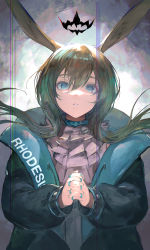 Rule 34 | 1girl, absurdres, amiya (arknights), animal ears, arknights, ascot, black coat, blue choker, blue eyes, brown hair, choker, clothes writing, coat, commentary request, crown, gradient background, hair between eyes, highres, huge filesize, jewelry, long hair, long sleeves, looking at viewer, open clothes, open coat, own hands clasped, own hands together, parted lips, purple ascot, rabbit ears, rabbit girl, ring, shirataki jiro, sidelocks, solo, spoilers, thumb ring, upper body