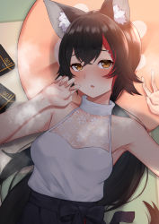 Rule 34 | 1girl, animal ears, armpits, bare shoulders, black hair, blouse, casual, condom box, emoto shikeko, hair ornament, hairclip, high-waist skirt, highres, hololive, long hair, low ponytail, lying, multicolored hair, on back, ookami mio, ookami mio (street), open mouth, parted lips, pillow, ponytail, red hair, shirt, skirt, sleeveless, solo, steaming body, streaked hair, virtual youtuber, wolf ears, wolf girl, yellow eyes