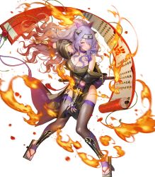 Rule 34 | 1girl, arm guards, bare shoulders, breasts, camilla (fire emblem), camilla (ninja) (fire emblem), choker, cleavage, closed eyes, elbow gloves, fake horns, feet, female focus, fingerless gloves, fire, fire emblem, fire emblem fates, fire emblem heroes, fishnet thighhighs, fishnets, gloves, gold trim, hair ornament, hair over one eye, headband, highres, holding, horns, japanese clothes, knife belt, kunai, large breasts, long hair, nail polish, ninja, nintendo, non-web source, official alternate costume, official art, pelvic curtain, purple eyes, purple hair, purple nails, scroll, sencha (senchat), solo, thighhighs, toeless footwear, toenail polish, toenails, toes, transparent background, weapon