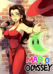 Rule 34 | 1girl, bare shoulders, blue eyes, breasts, brick wall, bright pupils, brown hair, cleavage, copyright name, cowboy shot, donkey kong (series), dress, earrings, hat, jewelry, long hair, looking at viewer, mario (series), medium breasts, microphone, microphone stand, nail polish, nintendo, pauline (mario), power moon, red dress, red hat, red lips, running bond, skin tight, sleeveless, sleeveless dress, smile, solo, standing, super mario odyssey, throwing hat, unworn headwear