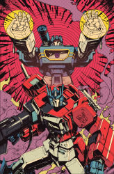 Rule 34 | assault visor, autobot, blue eyes, collaboration, comic cover, decepticon, gun, holding, holding gun, holding weapon, josh burcham, kei zama, looking at viewer, mecha, official art, open hands, optimus prime, robot, science fiction, shoulder cannon, smoke, soundwave (transformers), the transformers (idw), transformers, weapon, western comics (style)