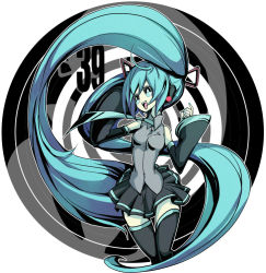 1girl aqua_eyes aqua_hair bad_id bad_pixiv_id breasts detached_sleeves female_focus hatsune_miku headphones long_hair manbou_no_ane necktie open_mouth skirt smile solo thighhighs twintails very_long_hair vocaloid white_background zettai_ryouiki