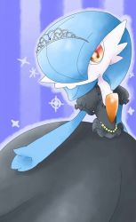 Rule 34 | 1girl, alternate color, black dress, blue background, blue hair, blue skin, closed mouth, colored skin, creatures (company), dress, female focus, game freak, gardevoir, gen 3 pokemon, hair over one eye, happy, heart, jpeg artifacts, looking at viewer, muguet, multicolored skin, nintendo, orange eyes, outstretched arm, pokemon, pokemon (creature), puffy short sleeves, puffy sleeves, shiny pokemon, short hair, short sleeves, simple background, smile, solo, sparkle, standing, striped, striped background, tiara, two-tone background, two-tone skin, white skin